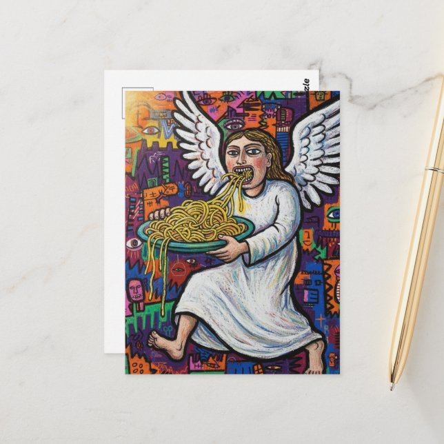 Carte Postale Un ange mangeant des spaghetti dans le style de l' (Devant/Arrière en situation)