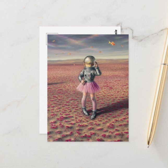 Carte Postale Un astronaute disco dans une prairie de pavot (Devant/Arrière en situation)