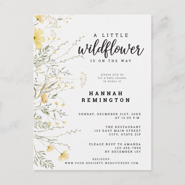 Carte Postale Un Baby shower D'Aquarelle Jaune Un Peu Fleur sauv (Devant)