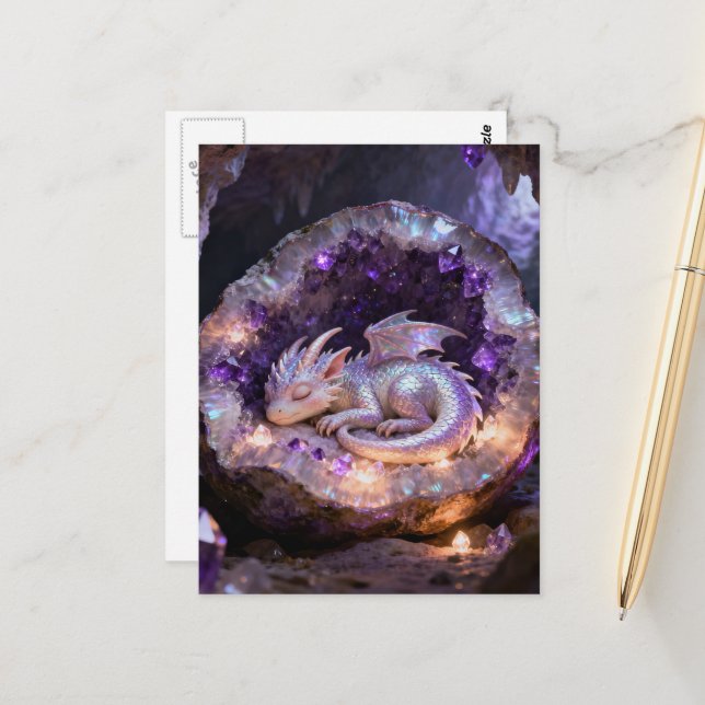 Carte Postale un beau bébé dragon endormi dans une géode d'améth (Devant/Arrière en situation)