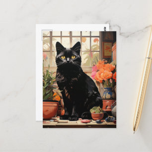 Carte Postale Un beau chat noir dans les plantes domestiques