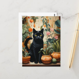 Carte Postale Un beau chat noir Pose comme une plante domestique