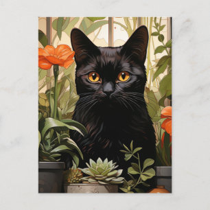 Carte Postale Un beau chat noir succulent et fleurs