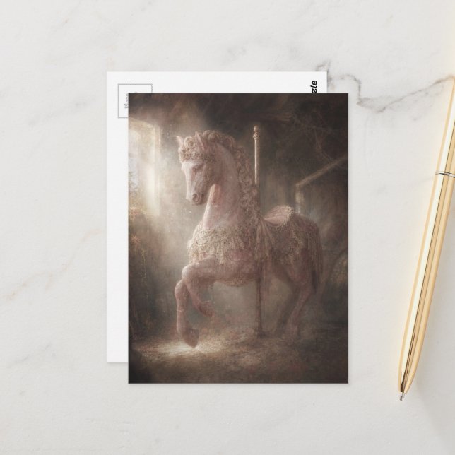 Carte Postale Un beau cheval de manège rose (Devant/Arrière en situation)