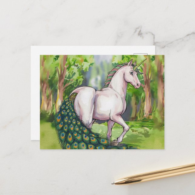 Carte Postale Un beau paon à licorne (Devant/Arrière en situation)