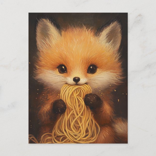 Carte Postale Un bébé renard roux adorable mangeant des spaghett (Devant)