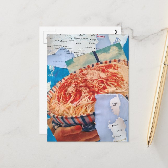 Carte Postale un bol de spaghetti et collage d'Italie (Devant/Arrière en situation)
