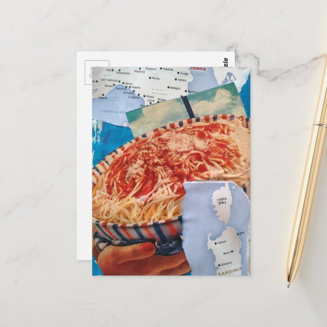 Carte Postale un bol de spaghetti et collage d'Italie (Devant/Arrière en situation)