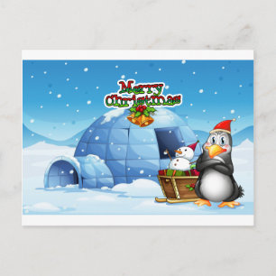 Carte Postale Un bonhomme de neige et un pingouin devant l'igloo