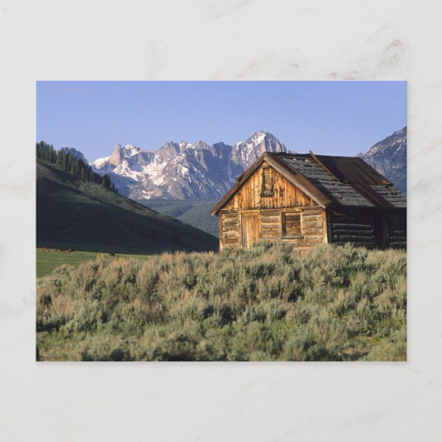 Carte Postale Un cabine en bois et les monts Sawtooth dans (Devant)