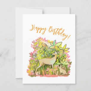 Carte Postale Un cerf, un lapin et des amis oiseaux en peinture