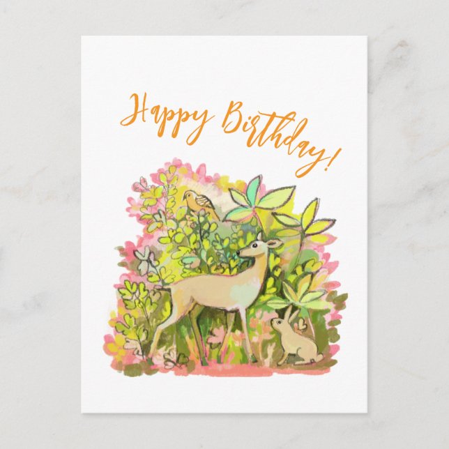 Carte Postale Un cerf, un lapin et des amis oiseaux peignant (Devant)