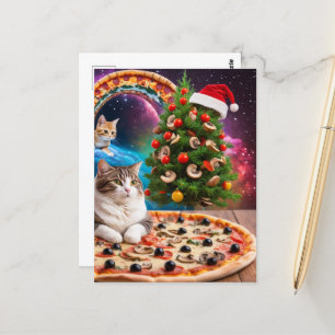 Carte Postale Un chapeau de Noël amusant Pizza Cats
