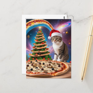 Carte Postale Un chat à la pizza de Noël amusant