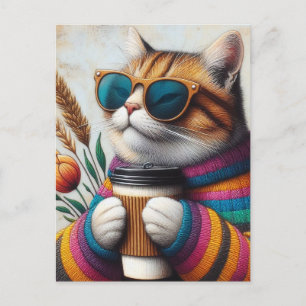 Carte Postale Un Chat Adorable Avec Café