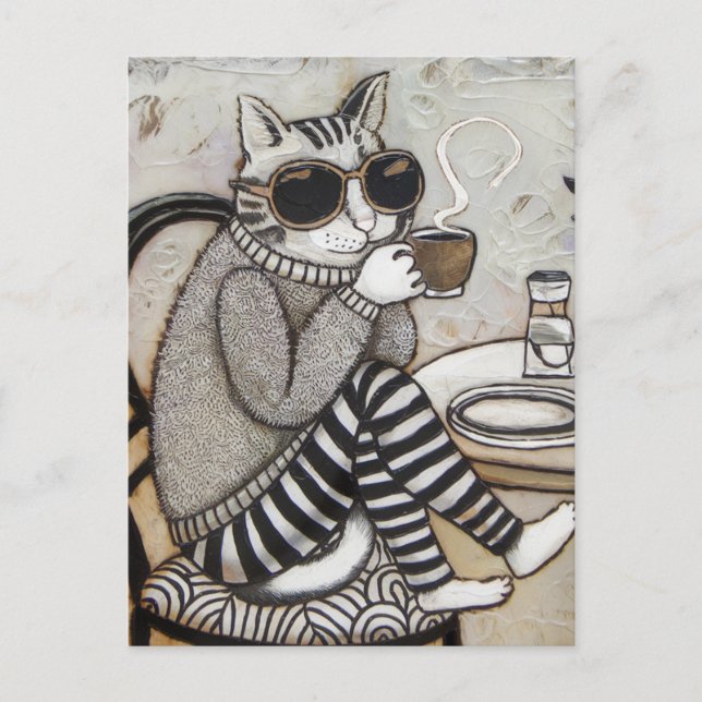 Carte Postale Un Chat Adorable Avec Café Encaustic (Devant)