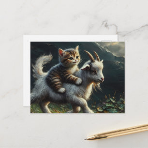 Carte Postale Un chat adorable chevauchant une chèvre Fantastiqu