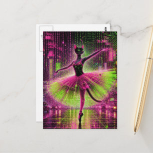 Carte Postale Un chat de ballet noir au néon dans la ville cyber