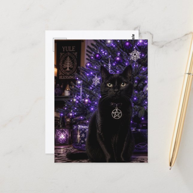 Carte Postale Un chat de Yule noir (Devant/Arrière en situation)