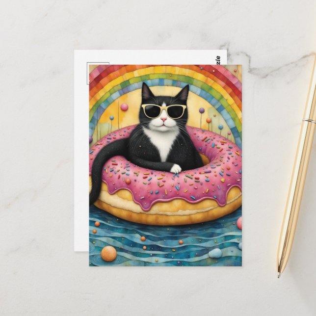 Carte Postale Un chat en vacances dans un beignet flottant (Devant/Arrière en situation)