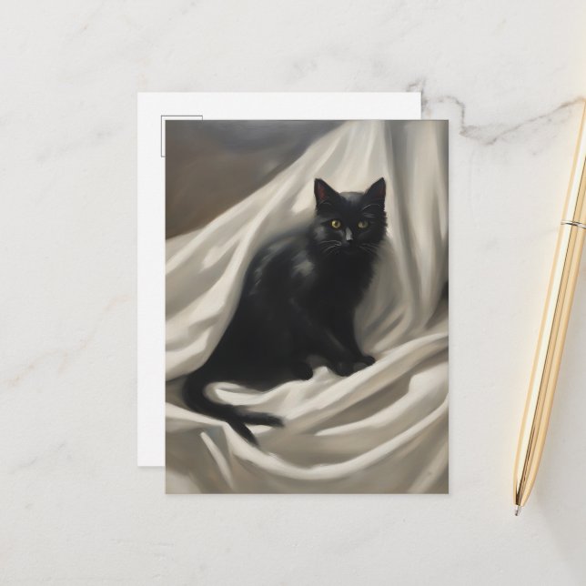 Carte Postale Un chat noir (Devant/Arrière en situation)