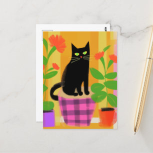 Carte Postale Un Chat Noir Avec Plantes Ménagères Plat Rose Viol