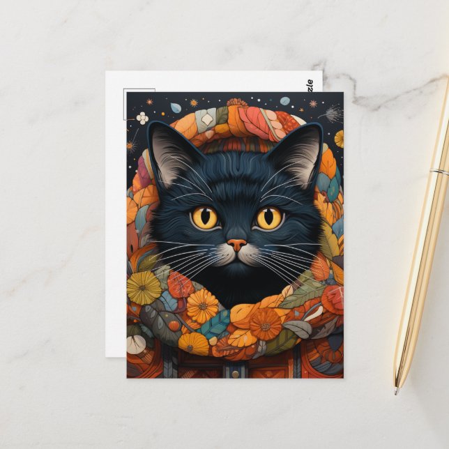 Carte Postale Un chat noir dans un chandail floral (Devant/Arrière en situation)