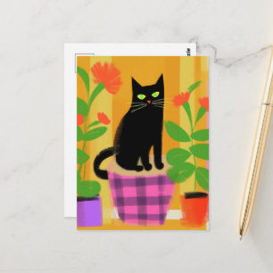 Carte Postale Un chat noir mignon avec des plantes