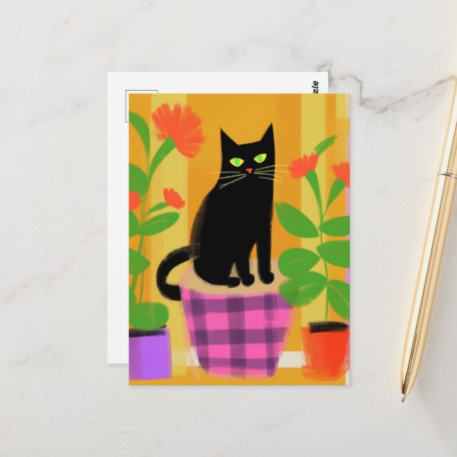 Carte Postale Un chat noir mignon avec des plantes (Devant/Arrière en situation)
