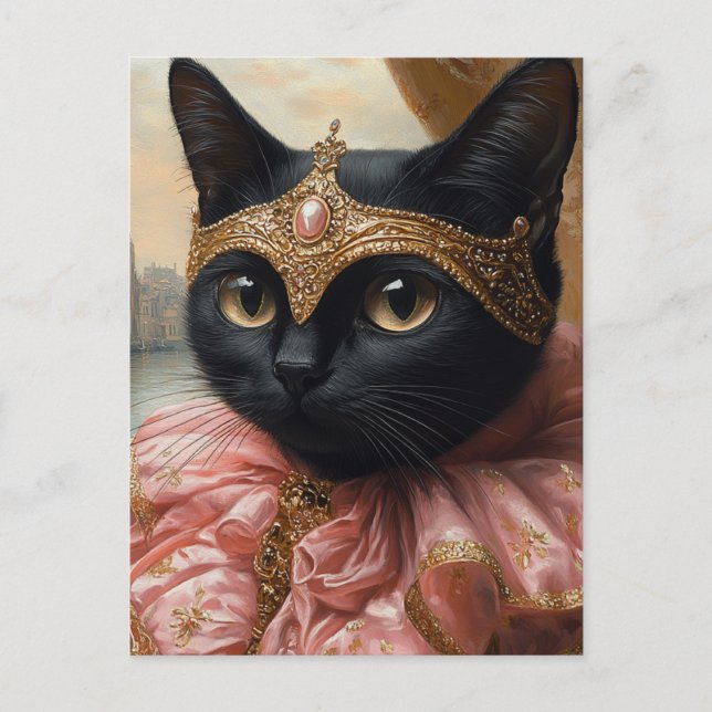 Carte Postale Un chat noir royal en rose et or (Devant)
