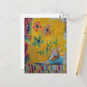 Carte Postale Un chat roux cool sur collage de médias mixtes jau