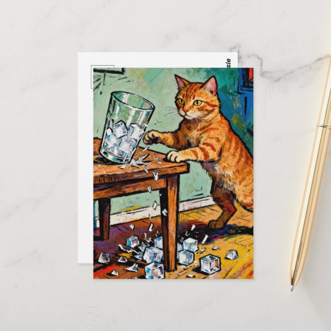 Carte Postale Un chat roux mignon renverse un verre de glace (Devant/Arrière en situation)