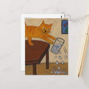 Carte Postale Un chat roux mignon renverse un verre de glace