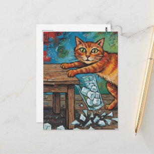 Carte Postale Un chat roux mignon renverse un verre de glace
