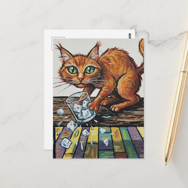 Carte Postale Un chat roux renverse un verre de glace (Devant/Arrière en situation)