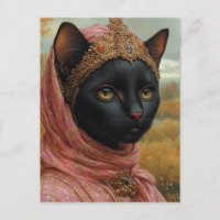 Un chat royal noir en Robes roses et Couronne d'or