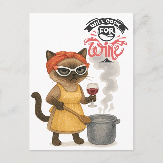 Carte Postale Un chat siamois boit du vin (Devant)