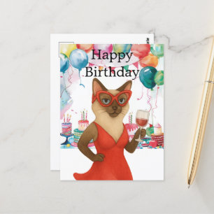 Carte Postale Un chat siamois boit du vin Joyeux anniversaire