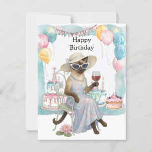 Carte Postale Un chat siamois boit du vin Joyeux Anniversaire