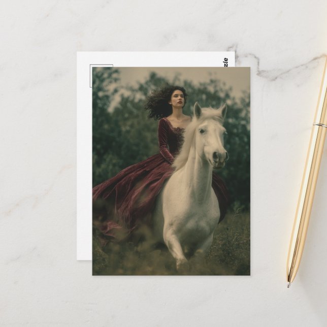 Carte Postale Un cheval et un cavalier dans les bois (Devant/Arrière en situation)