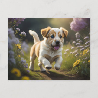 Carte Postale Un chiot courant dans un jardin fleuri