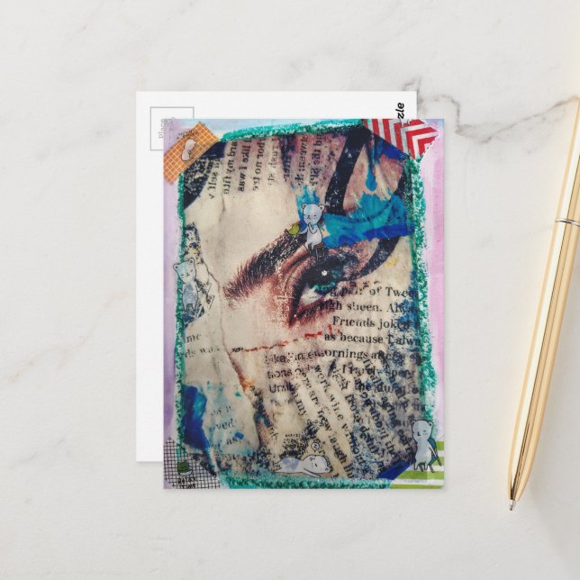Carte Postale Un collage de médias mixtes abstraits de visage (Devant/Arrière en situation)