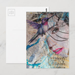Carte Postale Un collage de médias mixtes de visage de colibri a