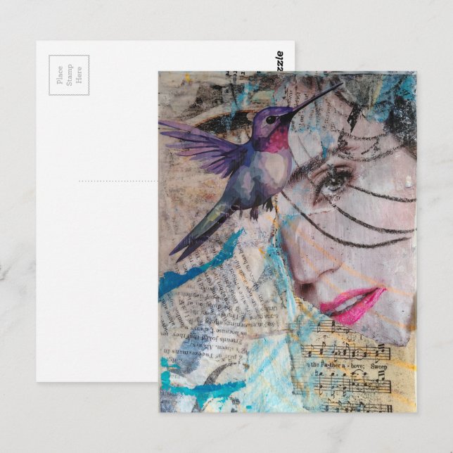 Carte Postale Un collage de médias mixtes de visage de colibri a (Devant / Derrière)