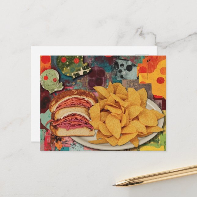 Carte Postale Un collage de sandwich et de frites (Devant/Arrière en situation)
