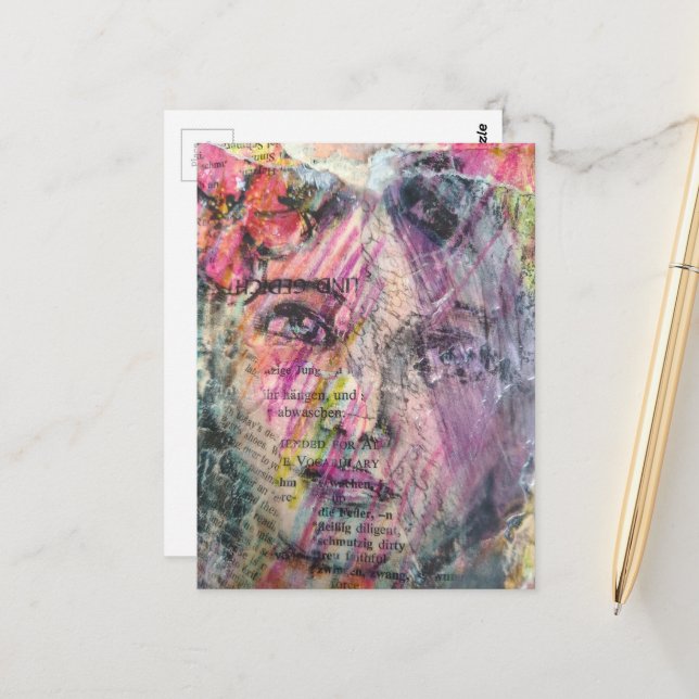 Carte Postale Un collage en techniques mixtes avec un beau visag (Devant/Arrière en situation)