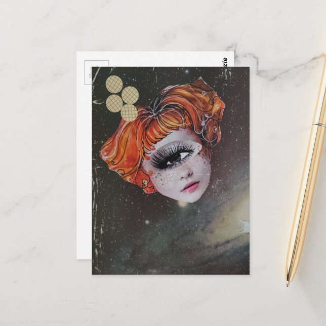 Carte Postale Un collage en techniques mixtes avec un visage ave (Devant/Arrière en situation)