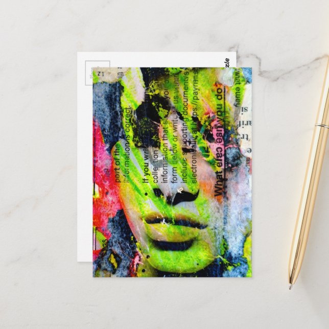 Carte Postale Un collage en techniques mixtes avec un visage ver (Devant/Arrière en situation)