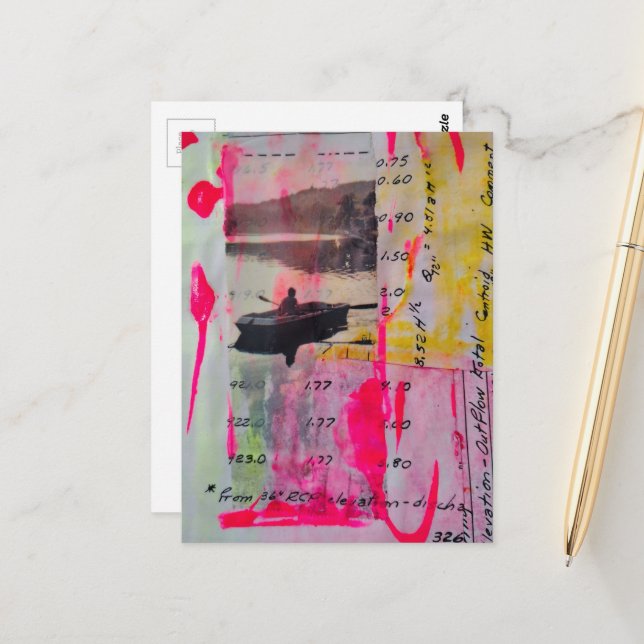 Carte Postale Un collage en techniques mixtes de bateau rose jau (Devant/Arrière en situation)