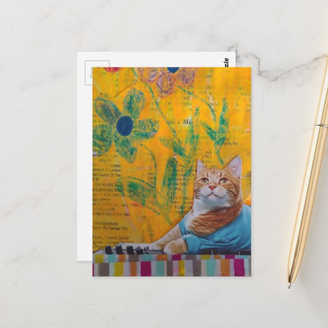 Carte Postale Un collage en techniques mixtes de chat roux cool (Devant/Arrière en situation)
